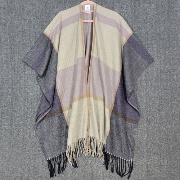Woolrich Cape Shawl Wrap Womens Purple Herringbone Plaid Fringed Blanket Poncho - Picture 1 of 10